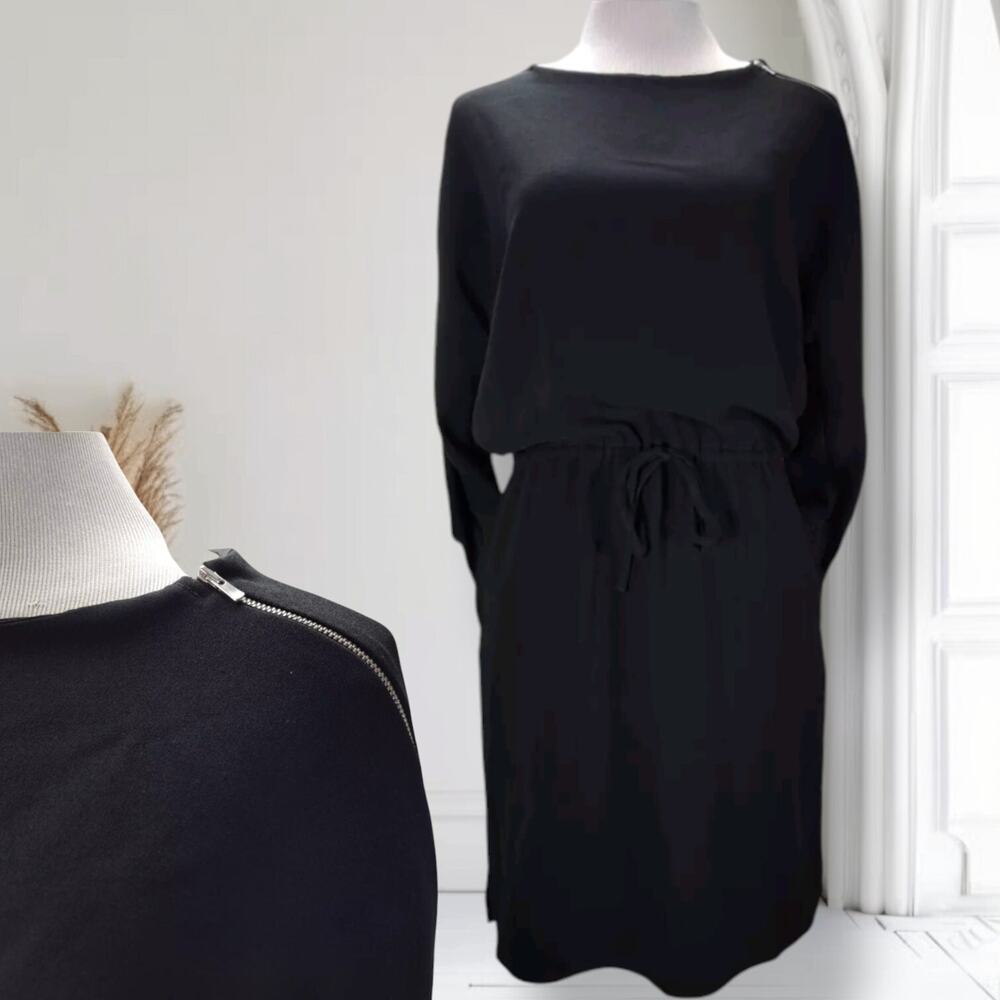 Gerard Darel Black Blouson Dress Size 40 Boat Neck Elastic Waist Minimalist